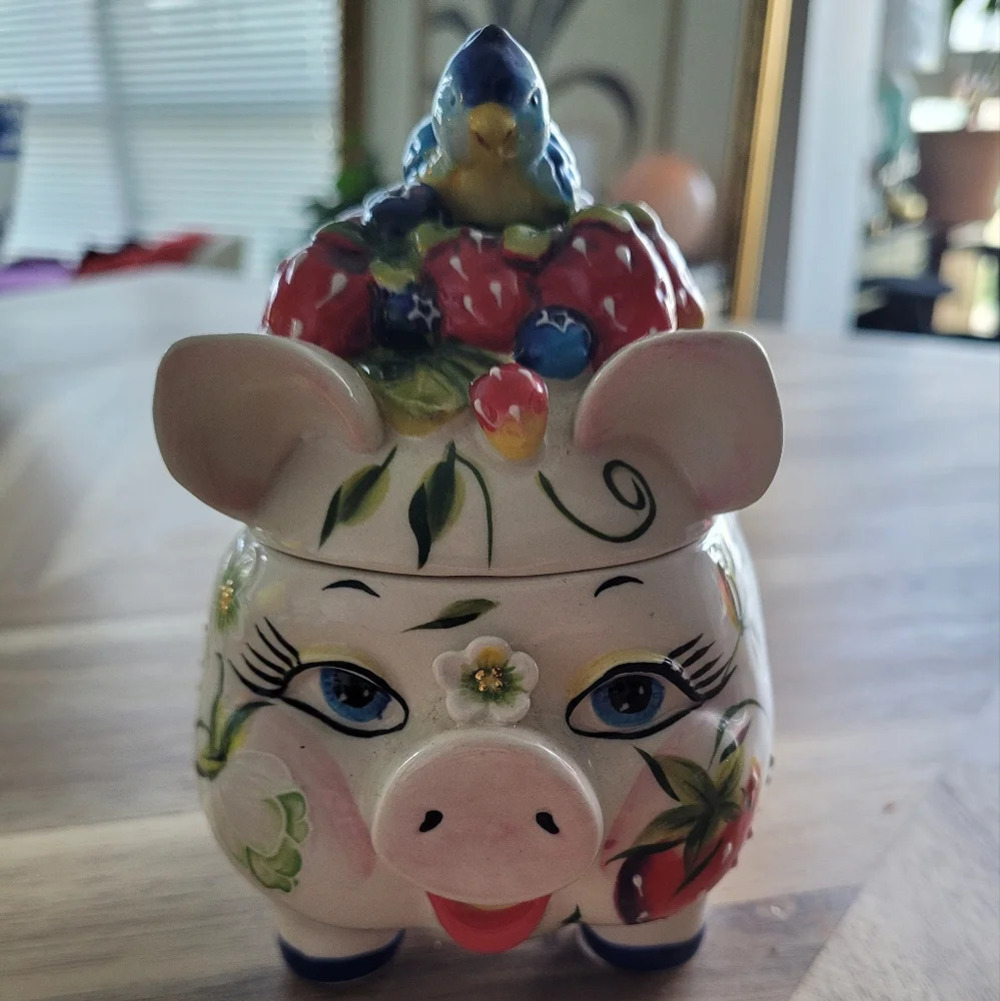 Blue Sky Blue Bird J. McCall Strawberry Jelly Jam Lid Spoon Sugar Bowl Sow Pig